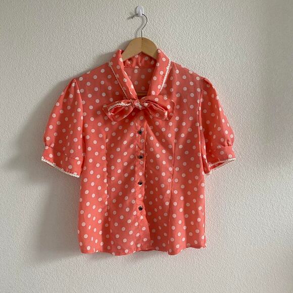 Coral Polka Dot Pussybow Blouse - Picture 2 of 7